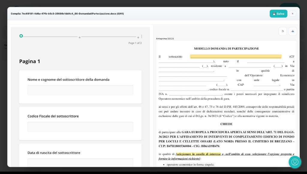 Compila: modulo Word con form a sinistra e anteprima DOCX sincronizzata