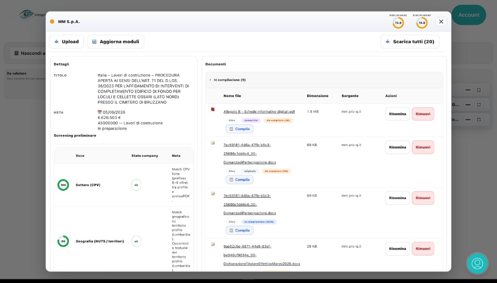 Kanban: focus gara con elenco documenti da compilare e pulsante Compila